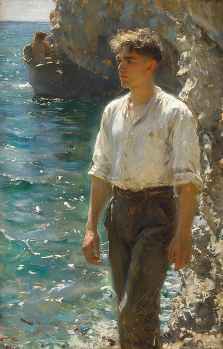 masterpiece,best quality,<lora:tbh239-sdxl:0.9>,illustration,style of Henry Scott Tuke portrait of noble man