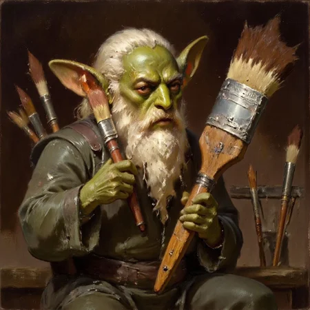 Dark-Fantasy-Cardd-V.2.0 style dark fantasy oil painting with detailed eyes that featuresa a green skined gremlin with long white beard, gremlin hold a big brush that is bigger then him, the brush is stained with paint, the gremlin is dressed in renaissance clothing resembling leonardo Da Vinci and an apron, also wears multiple pouches with smaller brushes and sculpting tools sticking out of them