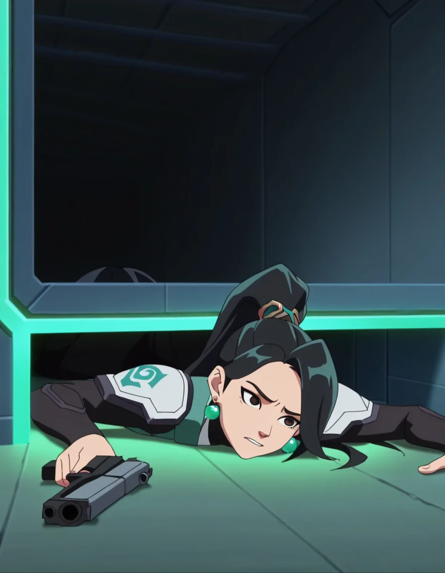 masterpiece, highres, high detail, anime screencap, sage, valorant, almond eyes, narrow eyes, long hair, high ponytail, side bang, jade earrings, shoulder pads, lying down on the floor, struggling, stuck in a vent, trying to reach gun on floor