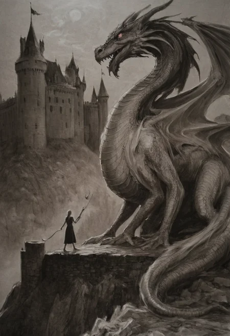 monoxxdr4ws, monochrome drawing of woman with dragon at qrotesque castle