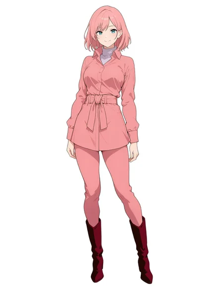 masterpiece, high quality,
1girl, solo,
pink pant suit, turtleneck shirt, tight pants, knee boots,
<lora:DK_sayla_outfits_il_0512d:0.8>
smile, looking at viewer,
standing, full body,
simple background, white background,