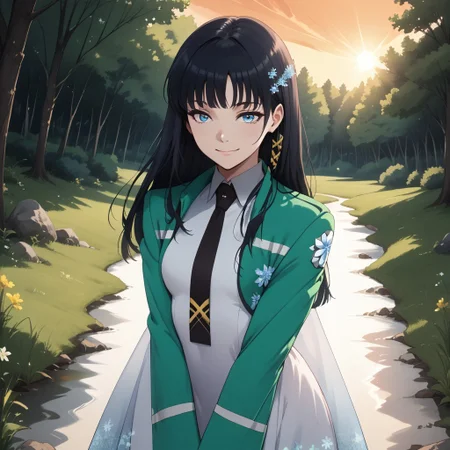 score_9, score_8, BREAK, solo, Shiba Miyuki, long black hair, dark blue eyes, snowflake hair ornament, yellow x hair ornament, school uniform, white long dress, sea-green cropped open jacket with long sleeves, black necktie, sexy pose, self portrait, smile, outdoors, sunlight, shadows, evening lighting, natural lighting, forest, trees, grass, orange sky, sunset