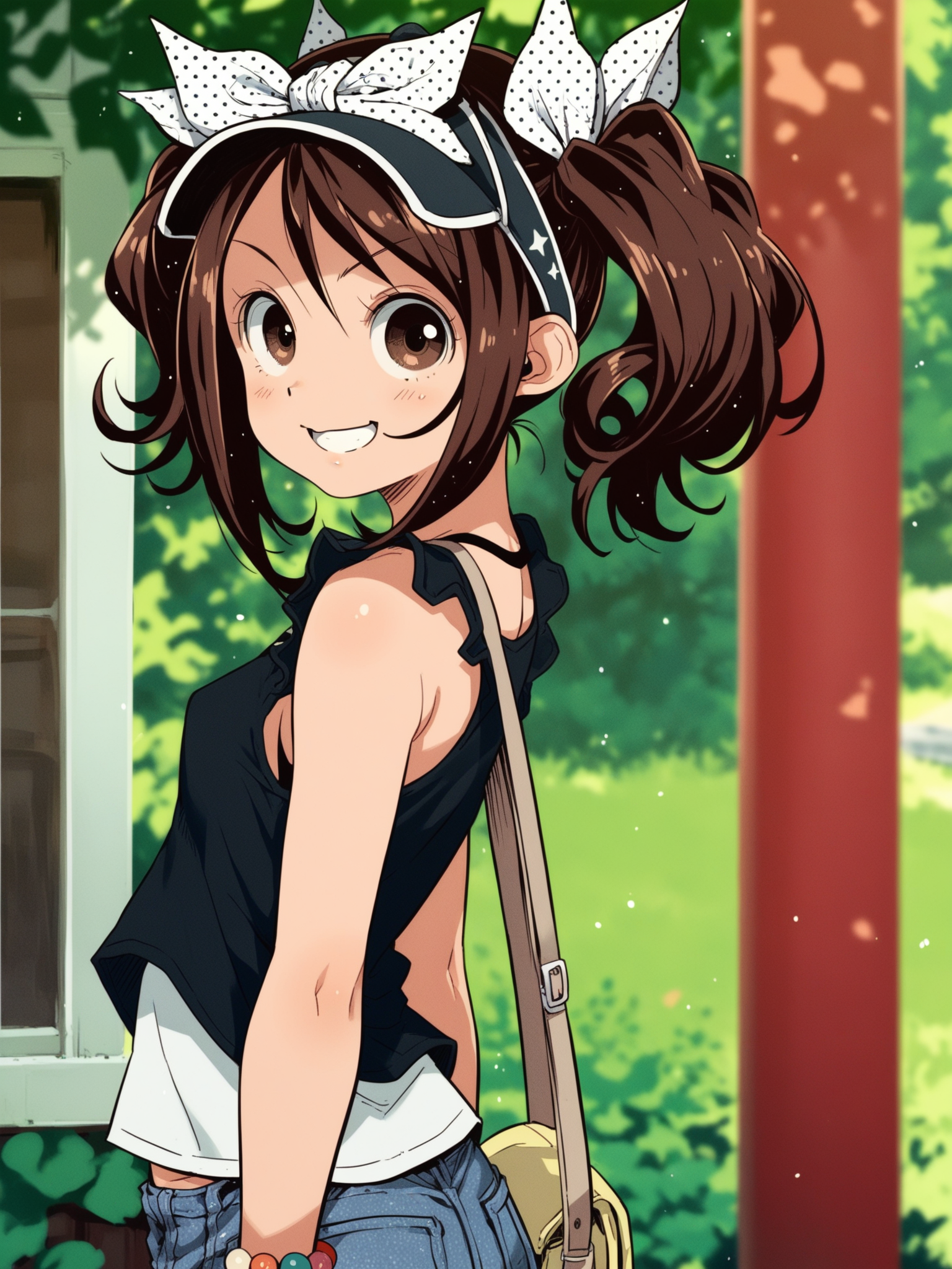 <lora:happy_tentacle-haruka-v0.1-000032:0.9>, ht_haruka, brown eyes, brown hair, polka dot ribbon, , bracelet frilled shirt, undershirt, black camisole, sleeveless, short shorts, denim shorts, outdoors , 1girl, solo, upper body , , ( smile :1.2), , , standing , from side , score_9, score_8_up, score_7_up, score_6_up, score_5_up, score_4_up