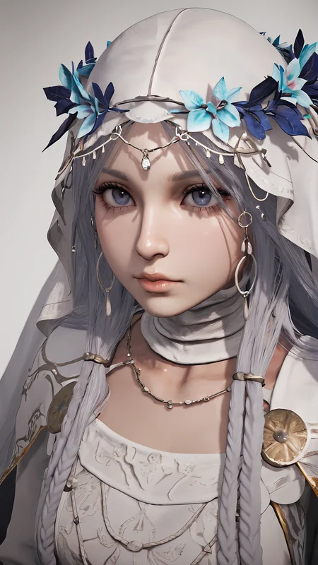 amazing quality,absurdres,best quality,masterpiece,highres,newest,detailed,detailed body,detailed face,masterpiece,best quality,solo,
nightreign-revenant,1girl,veil,solo,dress,long hair,white dress,3d,realistic, <lora:elden ring nightreign 復è®è
:0.8>,