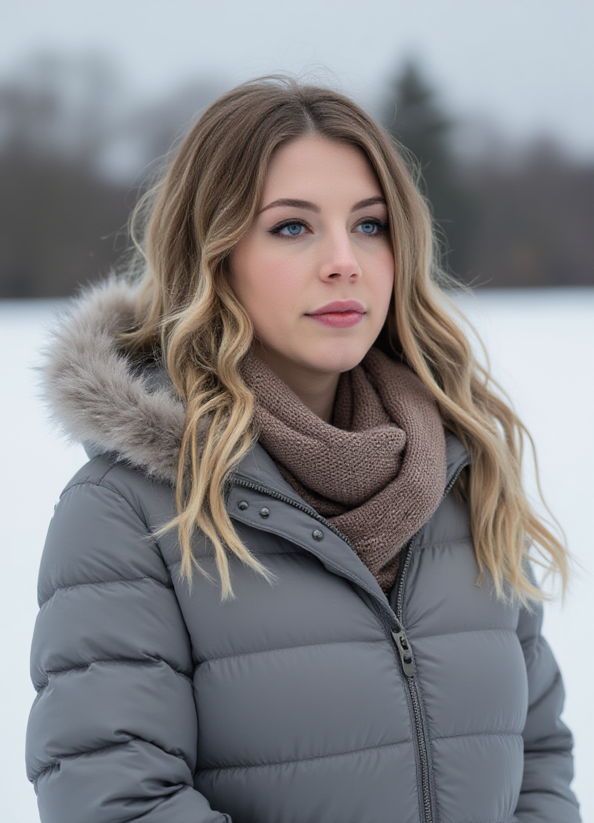 SFW, The image is a portrait of a woman standing in a snowy landscape. She is wearing a gray puffer jacket with a fur hood and a brown scarf around her neck. Her e hair is styled in loose waves and she is looking off to the side with a serious expression on her face. The background is blurred, but it appears to be a snowy field with trees in the distance. The overall mood of the image is cold and wintery., aidmaimageupgrader<lora:flux\custom\celebrity\katherine-ryan.safetensors:1.0:1.0> <lora:turbo-8-step-flux.safetensors:0.5:0.5> <lora:flux\style\Common\aidmaImageUprader-FLUX-v0.3.safetensors:0.25:0.25>