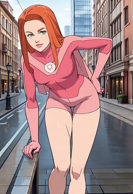 PonyScores7, <lora:Atomic_EvaIL:1> a_e, 1girl, long hair, ginger hair, green eyes, pink bodysuit with shorts, gloves, cloat, leaning forward, city street, 
looking at viewer, standing, (hot legs, fit legs:1.5), hand on hip, hand on hair, thigh gap, (tight clothing:1.5), playmate centerfold, bow lips,