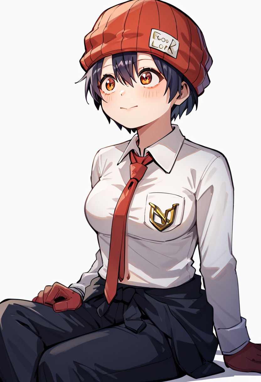 score_9, score_8_up, <lora:fukko:1> fukko, 1girl, fukko, gloves, hat, navel, necktie, short hair, sitting, white background