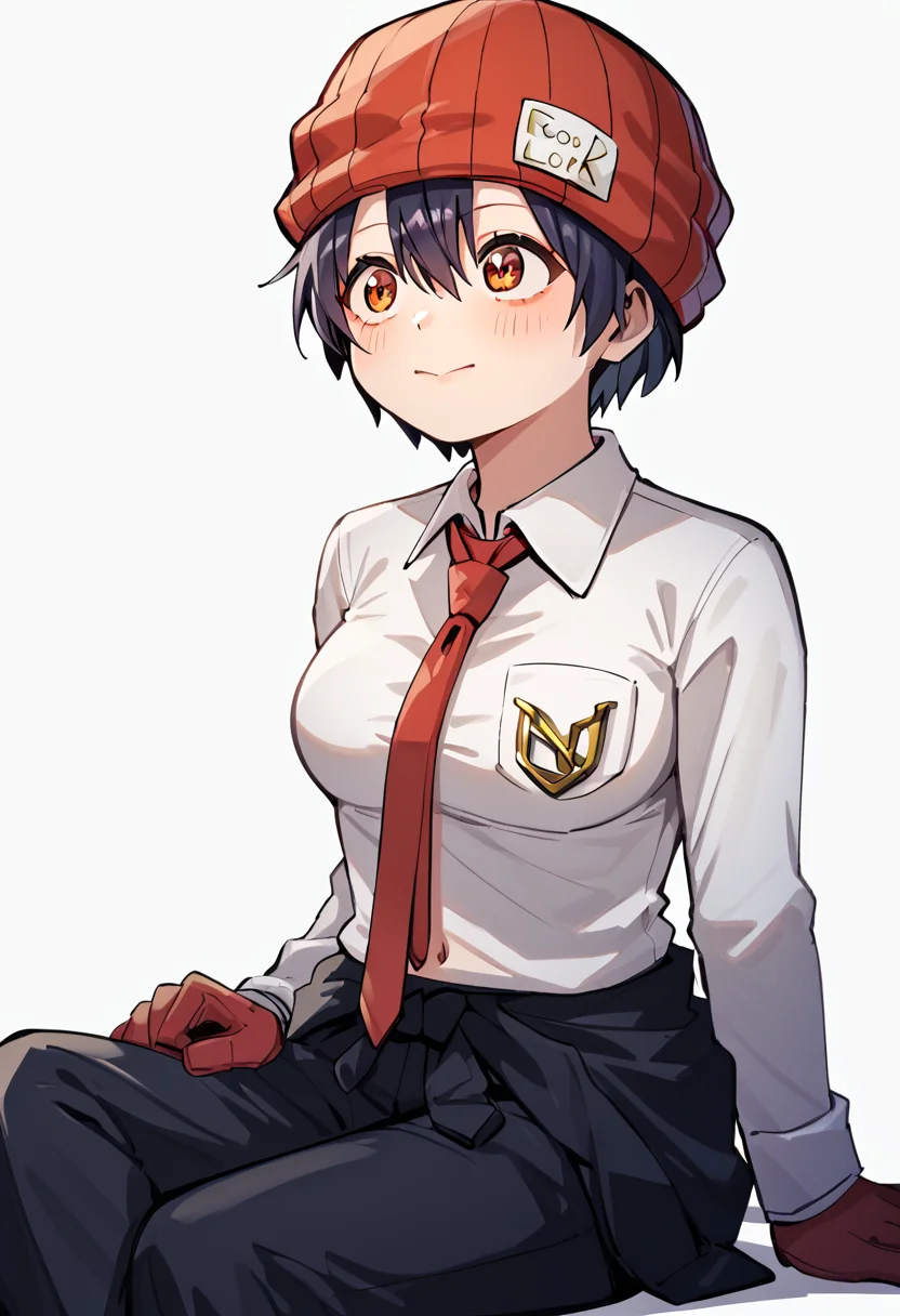 score_9, score_8_up, <lora:fukko:1> fukko, 1girl, fukko, gloves, hat, navel, necktie, short hair, sitting, white background
