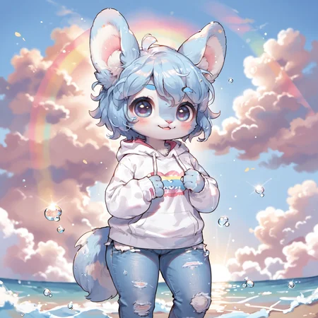 score_9, score_8_up, score_7_up, source_anime, source_furry,  cute, 1girl, furry, furry female, anthropomorphic, solo, busty, curvy, wide hips, large breasts, posing, sexy pose, [body fluffy silky fur], big short hair, navy cobalt blue hair, white hoodie, pink sleeves shorts, jeans pants
cloud, sky, outdoors, sunset, large cloud, colorful cloud, cloudy sky, colorful sky, blue sky, sunlight, water drop
<lora:CoMix_BGXL_V2:0.7> <lora:JudyHoppsPony:0.7> JudyHopps  <lora:ToraFurry_XL_PonyV6_p1-t1:0.7> furry <lora:CuteMixPDv2:0.7>