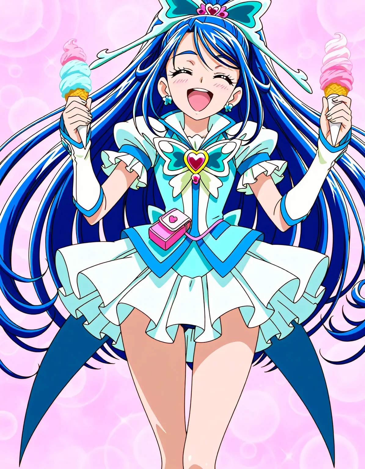 <lora:dmd2_sdxl_4step:1>,1girl,official style,masterpiece,best quality,newest,very aesthetic,highly detailed,high resolution,absurdres,highres,depth of field,super detailed skin,very awa,Anime,anime coloring,anime screencap,<lora:cure_aqua_v1:1>,cure aqua,thighs,abstract_background,blush,holding ice_cream,smile,closed eyes,laughing,