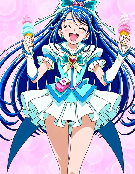 <lora:dmd2_sdxl_4step:1>,1girl,official style,masterpiece,best quality,newest,very aesthetic,highly detailed,high resolution,absurdres,highres,depth of field,super detailed skin,very awa,Anime,anime coloring,anime screencap,<lora:cure_aqua_v1:1>,cure aqua,thighs,abstract_background,blush,holding ice_cream,smile,closed eyes,laughing,