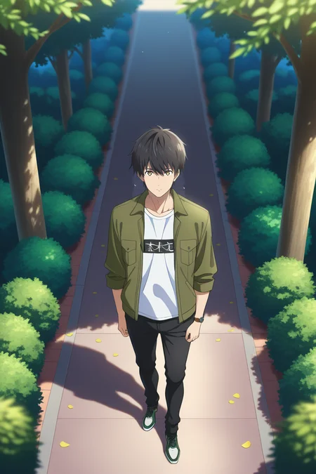 masterpiece, best quality, amazing quality, very aesthetic, high resolution, ultra-detailed, absurdres, newest, scenery, volumetric lighting, depth of field,anime screencap, , , 1boy, solo, male focus, <lora:kuro:0.98>, kuro sakuragawa,black hair,yellow eyes,short hair,shirt,standing, jacket, white shirt,t-shirt,outdoors, open clothes, shoes, pants,black pants,tree, petals, green jacket, watch, bush,from above,looking at viewer