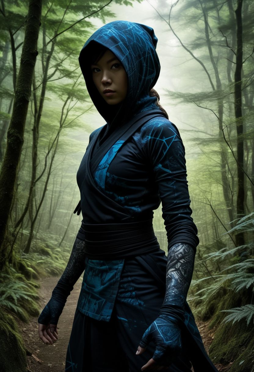 mysterious silhouette female ninja, rural japan, goddess, alluring, by Minjae Lee, Carne Griffiths, Emily Kell, Steve McCurry, Geoffroy Thoorens, Aaron Horkey, Jordan Grimmer, Greg Rutkowski, amazing depth, double exposure, surreal, geometric patterns, intricately detailed, bokeh,  perfect balanced, deep fine borders, artistic photorealism , smooth,  great masterwork by head of prompt engineering   <lora:add-detail-xl:2>  <lora:Double_Exposure:0.5>