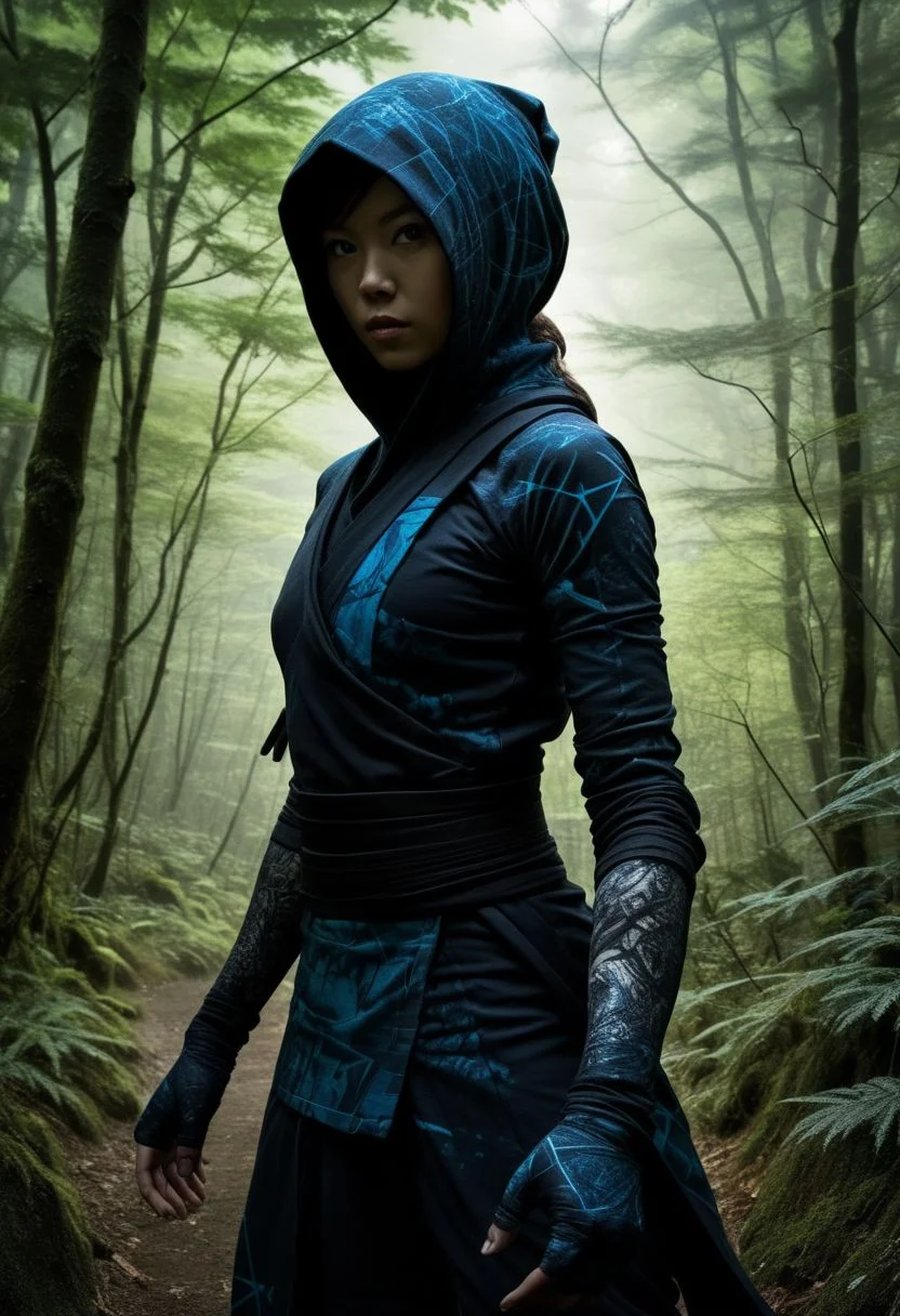 mysterious silhouette female ninja, rural japan, goddess, alluring, by Minjae Lee, Carne Griffiths, Emily Kell, Steve McCurry, Geoffroy Thoorens, Aaron Horkey, Jordan Grimmer, Greg Rutkowski, amazing depth, double exposure, surreal, geometric patterns, intricately detailed, bokeh, perfect balanced, deep fine borders, artistic photorealism , smooth, great masterwork by head of prompt engineering <lora:add-detail-xl:2> <lora:Double_Exposure:0.5>