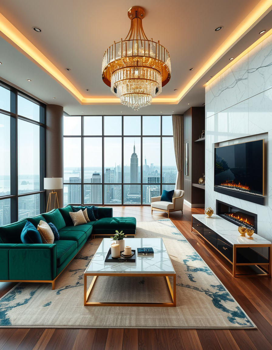 A lavish and modern luxury living room with a spacious open layout. The room features a grand chandelier with crystal details hanging from a high ceiling. Plush velvet sofas in deep emerald green and navy blue are arranged around a sleek marble coffee table with gold accents. The floor-to-ceiling windows allow natural light to flood the space, revealing a breathtaking city skyline in the background. A contemporary fireplace with a sculptural design adds warmth, while elegant artwork and designer decor pieces complete the sophisticated ambiance. The lighting is soft and ambient, creating a cozy yet opulent atmosphere.
<lora:SDXLFaeTastic2400:0.4> <lora:extremely_detailed:0.4> extremely detailed,  <lora:luxurious_l1v1ng_r00m:1>,luxurious l1v1ng r00m, Masterpiece,best quality,hi res,8k,hi res,8k,award winning,(sharp focus, intricate, highly detailed),