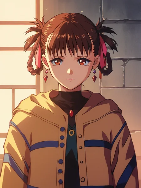 score_9, score_8_up, score_7_up, volumetric lighting,
 sawa, 
brown hair, jewelry, jacket, braid, hair rings
<lora:akite_pony_v1_mx:0.9>