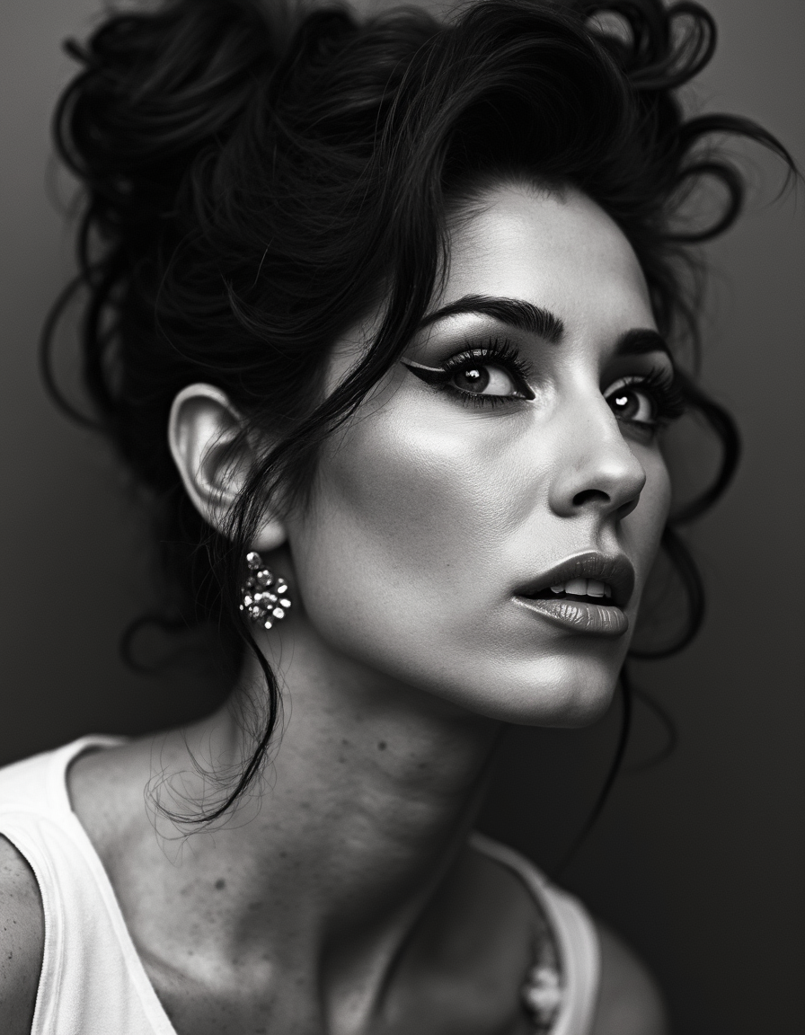 Amy Winehouse had a distinctive face characterized by her prominent cheekbones, large, expressive eyes, and a unique beehive hairstyle. Her bold eyeliner and often dramatic makeup accentuated her features, giving her a striking and unforgettable appearance.

