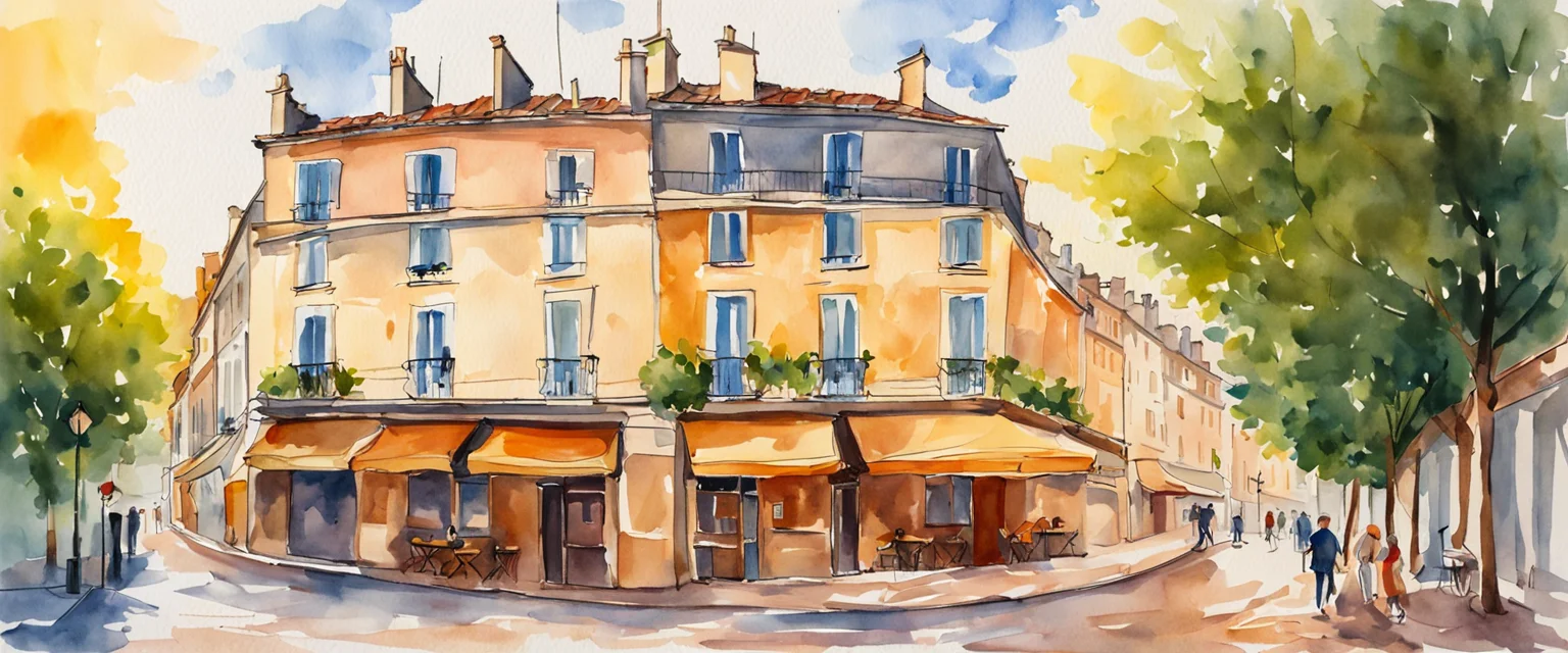 Corner building on a french highstreet, canopies above cafes at the ground level of the building, trees lining the streets, rustic france, golden hour sunset, wide angle view, masterpiece, best quality, amazing watercolor style painting, masterpiece, best quality, high quality