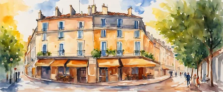 Corner building on a french highstreet, canopies above cafes at the ground level of the building, trees lining the streets, rustic france, golden hour sunset, wide angle view, masterpiece, best quality, amazing watercolor style painting, masterpiece, best quality, high quality