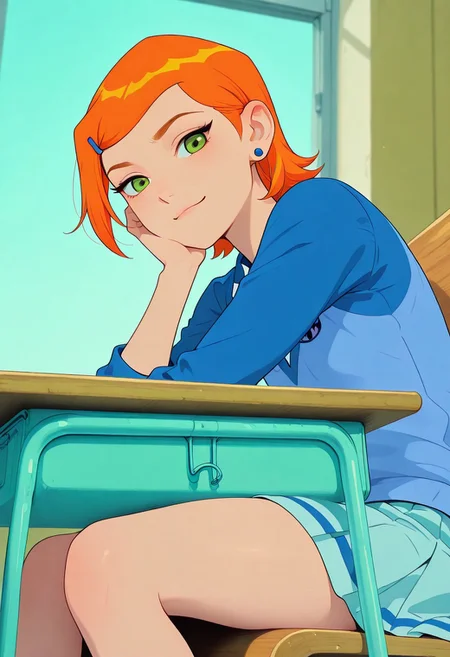 <lora:ck-shadow-circuit-IL:0.78>,
masterpiece, best quality, good quality, very aesthetic, absurdres, newest, 8K, depth of field, focused subject,
 close up, stylized, wabi sabi, 
1girl, Gwen_Tennyson, 1girl, solo, orange hair, short hair, green eyes, earrings, youthful, young, cute,
sultry expression,
school uniform,
looking at viewer, dynamic angle, from below, from side, relaxing,
sitting,
<lora:MoriiMee_Gothic_Niji_Style_Illustrious_r1:0.45>
