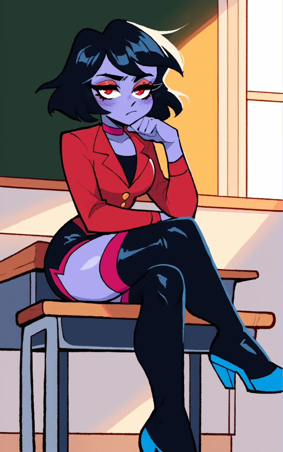 score_9, score_8_up, score_7_up,((best quality)), absurdres, <lora:BolivanteStyle:0.8>, <lora:DQPXL-03:0.8>, DQPXL,red eyes, black hair, short hair, makeup, blue skin, shorts, black shorts, thigh boots, black boots, thighhighs, choker, jacket, red jacket, black footwear, blue heels, inside, classroom, desk, bored, crossed legs