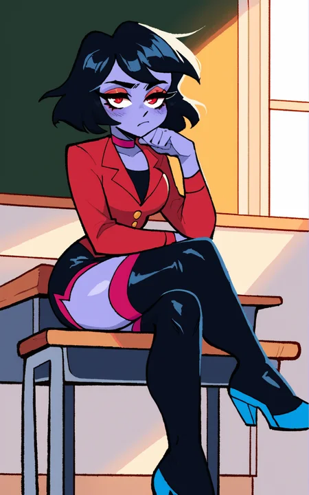 score_9, score_8_up, score_7_up,((best quality)), absurdres, <lora:BolivanteStyle:0.8>,  <lora:DQPXL-03:0.8>, DQPXL,red eyes, black hair, short hair, makeup, blue skin, shorts, black shorts, thigh boots, black boots, thighhighs, choker, jacket, red jacket, black footwear, blue heels, inside, classroom, desk, bored, crossed legs