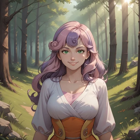 score_9, score_8, BREAK, solo, Sweetie Belle, pink and lavender hair, green eyes, colored skin, white skin, white skin female, adult female, mature female, breasts, sexy pose, self portrait, smile, outdoors, sunlight, shadows, evening lighting, natural lighting, forest, trees, grass, orange sky, sunset