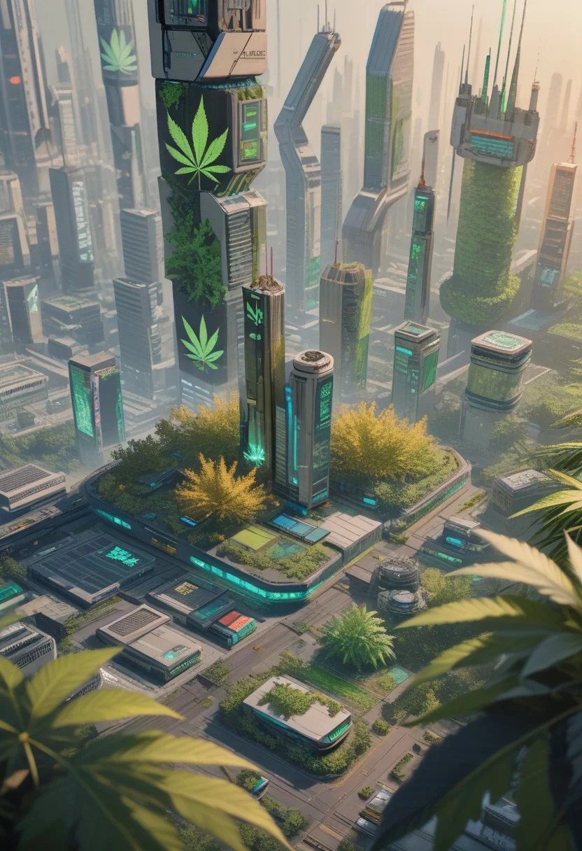 lazyup7, 420futurism, city, foliage, green, mist, skyscrapers, organic, science fiction, isometric