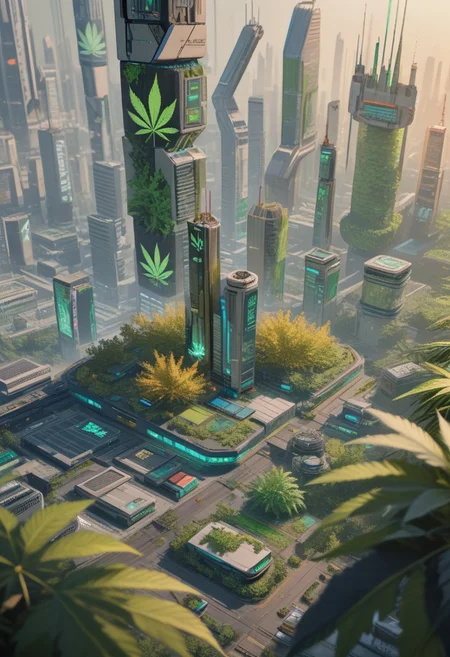 lazyup7, 420futurism, city, foliage, green, mist, skyscrapers, organic, science fiction, isometric