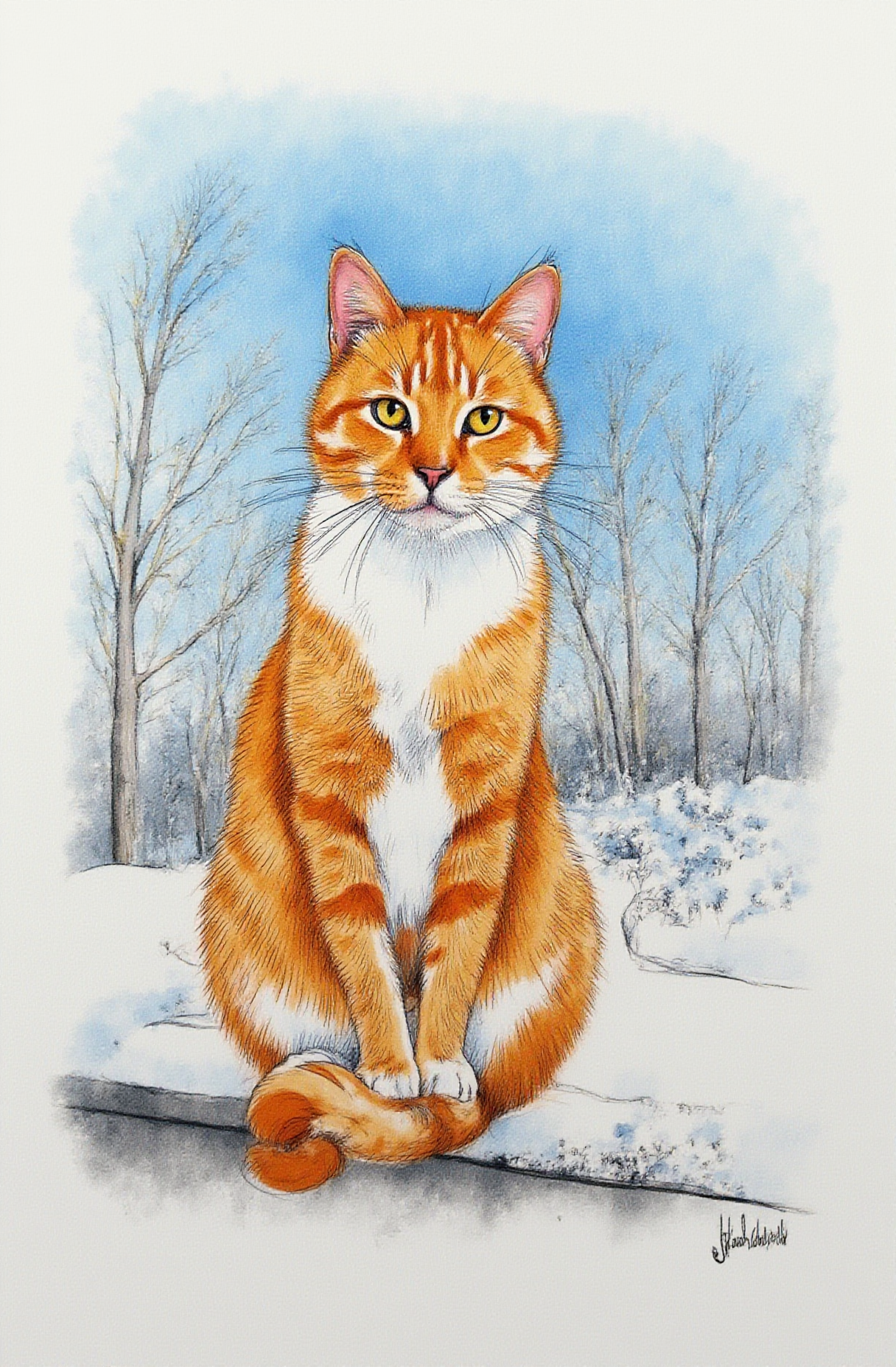 Sharp image of a rough sketch, rendered in vibrant multi colour ballpoint pen, capturing the adorable features of an orange and white cat sitting on a concrete bench in the snow. The cat is facing the camera and is looking directly at the camera with a curious expression. Its fur is a mix of orange, white and brown, and its eyes are a piercing yellow. The background is blurred, but it appears to be a snowy landscape with bare branches and snow on the ground. The sky is blue and the overall mood of the image is peaceful and serene.  p3nsk, <lora:p3nsk:1>