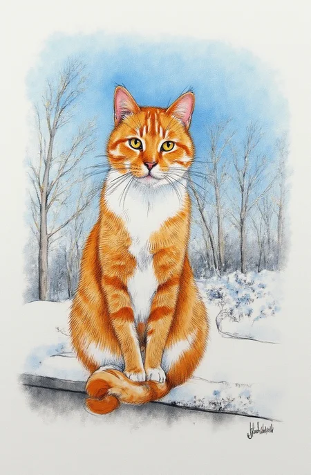 Sharp image of a rough sketch, rendered in vibrant multi colour ballpoint pen, capturing the adorable features of an orange and white cat sitting on a concrete bench in the snow. The cat is facing the camera and is looking directly at the camera with a curious expression. Its fur is a mix of orange, white and brown, and its eyes are a piercing yellow. The background is blurred, but it appears to be a snowy landscape with bare branches and snow on the ground. The sky is blue and the overall mood of the image is peaceful and serene.  p3nsk, <lora:p3nsk:1>