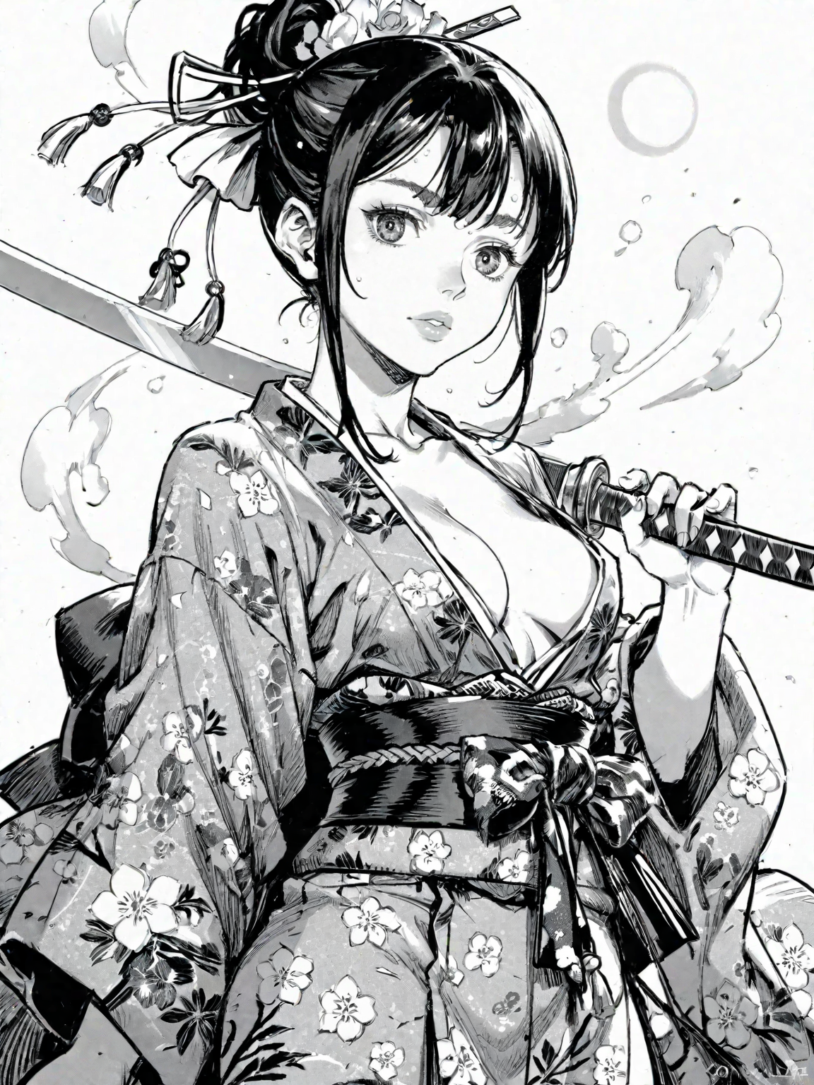 1girl black_eyes black_hair blue_kimono breasts drawing_sword gleam holding holding_sword holding_weapon jacket japanese_clothes katana kimono open_clothes open_kimono red_jacket small_breasts sword weapon white_background
, <lora:Berserk:0.8>, score_9, score_8_up, score_7_up, zPDXL3, monochrome, greyscale