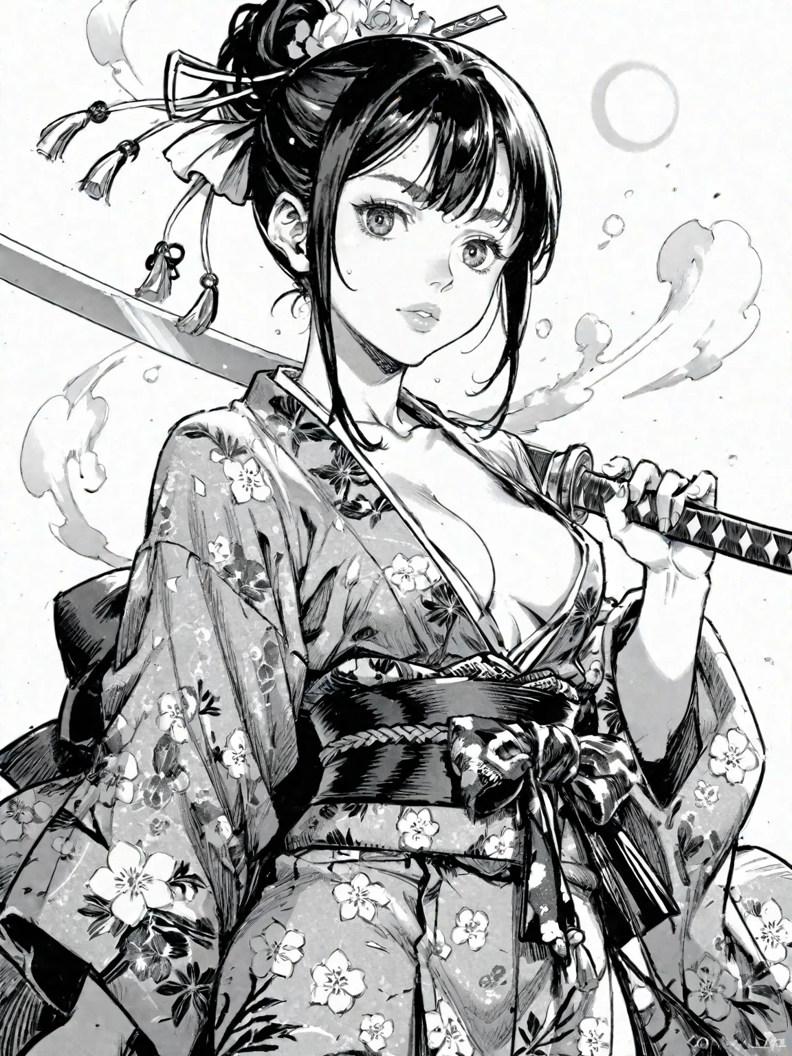 1girl black_eyes black_hair blue_kimono breasts drawing_sword gleam holding holding_sword holding_weapon jacket japanese_clothes katana kimono open_clothes open_kimono red_jacket small_breasts sword weapon white_background
, <lora:Berserk:0.8>, score_9, score_8_up, score_7_up, zPDXL3, monochrome, greyscale