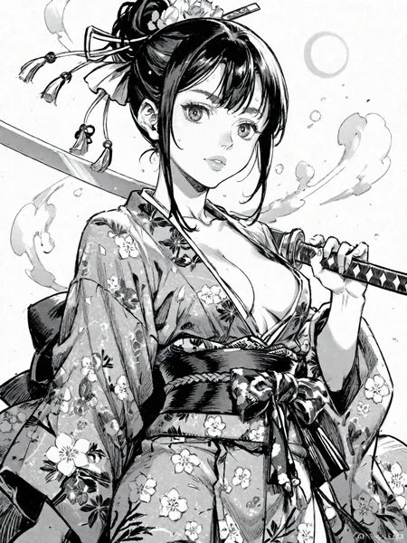 1girl black_eyes black_hair blue_kimono breasts drawing_sword gleam holding holding_sword holding_weapon jacket japanese_clothes katana kimono open_clothes open_kimono red_jacket small_breasts sword weapon white_background
, <lora:Berserk:0.8>, score_9, score_8_up, score_7_up, zPDXL3, monochrome, greyscale