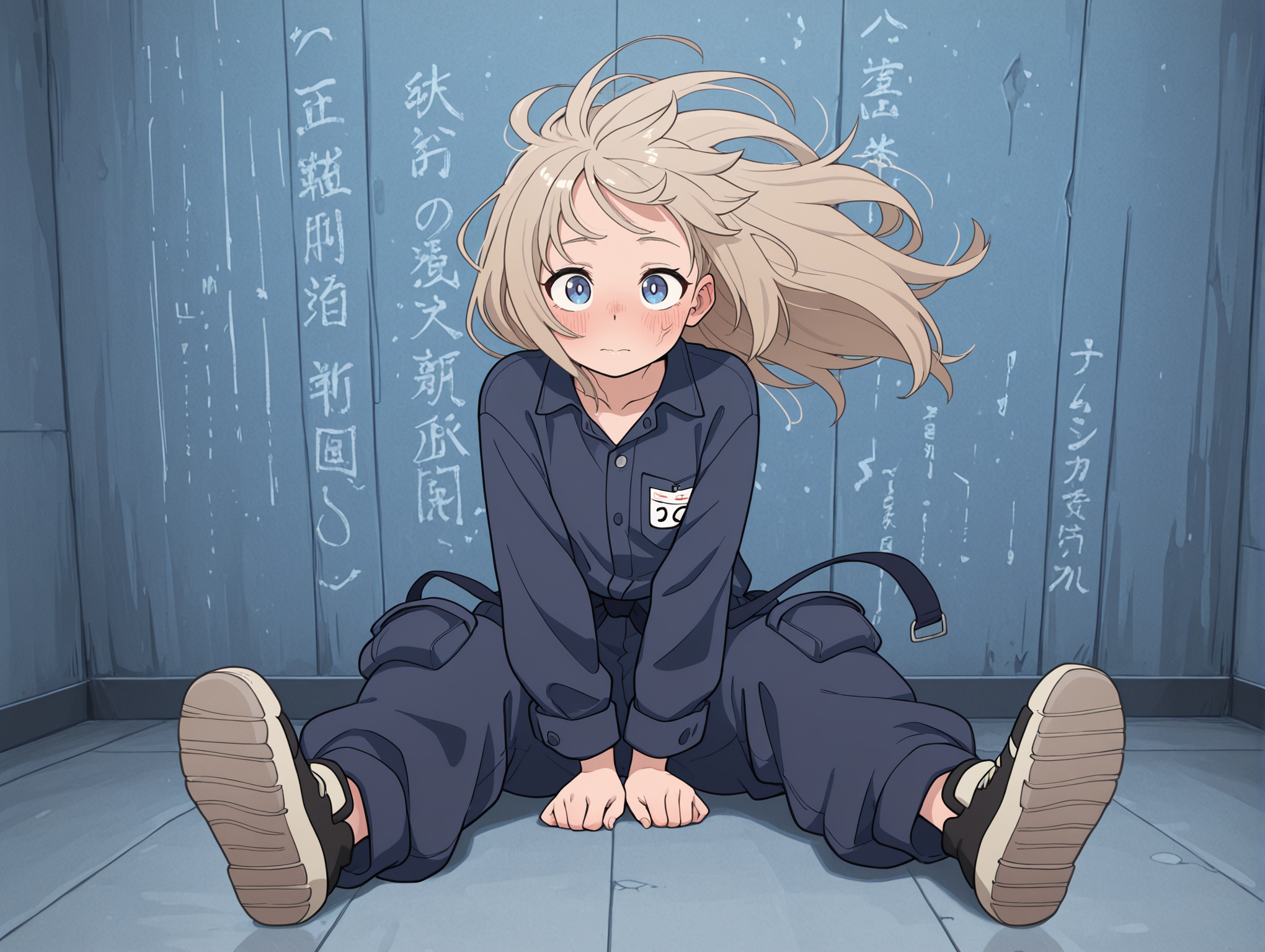 masterpiece,best quality,amazing quality,absurdres, (solo:1.4), portrait, 
     wind, fluttering hair, fluttering clothes,    flat colors,  high contrast,  
1girl, full face blushing,    navy blue eyes,  light Brown hair,                          
pulsating veins, metallic textures, alien glyphs on walls, abstract, surreal, 
sitting with legs extended forward, soles facing viewer, frontal view,
buttoned jumpsuit, long sleeves, chest patch, matching pants, utility pockets, loose fit, institutional attire, numbered tag, simple footwear, standardized uniform, prisoner outfit,  
<lora:feet_anime_il_v3:1> <lora:Perfect Hands:1> <lora:Crestyle_Illu:0.4> Crestyle <lora:anime_screencap-IllustriousV2:0.6>  <lora:Kizustyle_rank16_bf16:0.3> Kizustyle <lora:ThePinkPirate:0.3> The pink pirate,  <lora:flat_color_anime_xl:0.8> fca style <lora:Chon_style:0.3> <lora:re4lity:0.3> re4lity_sync_illu
