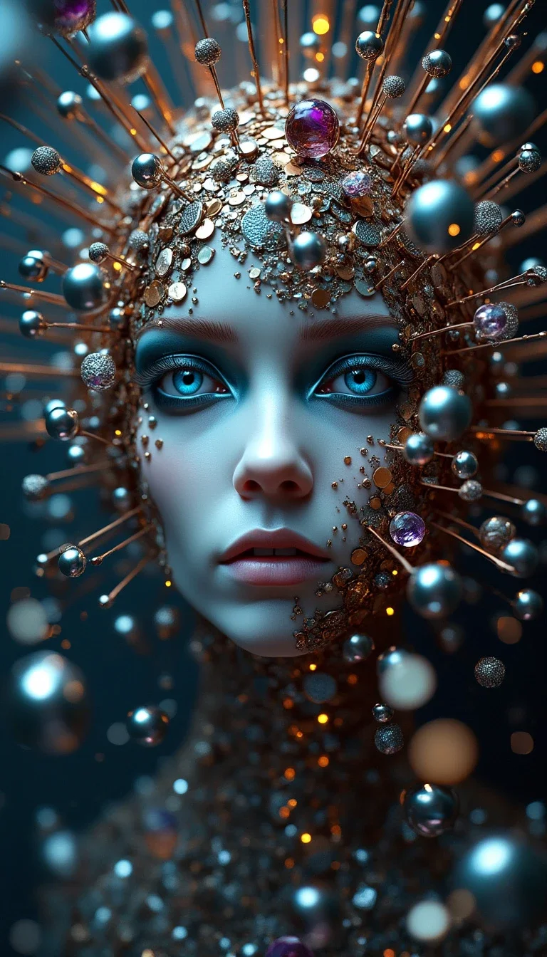 A captivating cinematic poster featuring a mysterious, humanoid face emerging from a mesmerizing array of fragmented, metallic, and digital elements. The elements are dispersed in a radial pattern, creating an otherworldly, dark fantasy atmosphere. The face, crafted from a smooth, metallic material, has striking blue eyes and a pale complexion. The background is dominated by darkness, with the face and elements illuminated in captivating gold, silver, and purple hues. The overall effect is a blend of dark fantasy and cinematic wonder, drawing the viewer into a mysterious world.