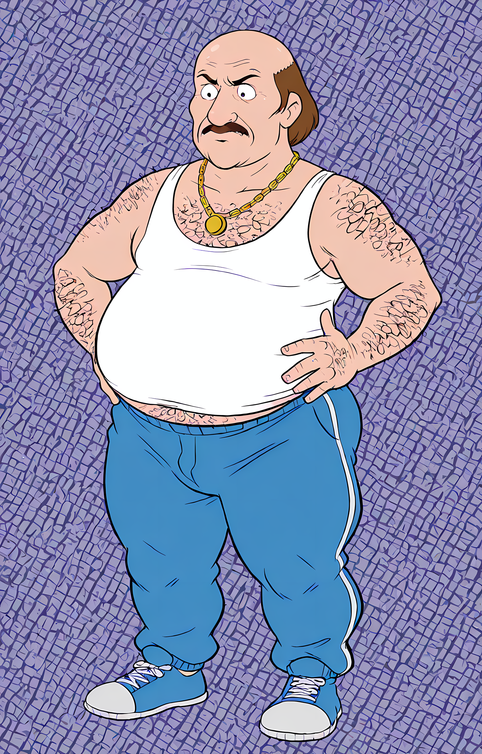 masterpiece, best quality, amazing quality, dutch angle, abstract background, toon style, BREAK
1boy, solo, male focus, mature male, athf_carl, bald, brown hair, mustache, hairy, tank top, overweight, blue sweatpants, gold chain necklace, BREAK 
 <lora:Carl Brutananadilewski - Aqua Teen Hunger Force - ILXL:1>, <lora:Anti_Dev_Style_PonySDXL-000008:0.8> antidev <lora:Hotcha:0.8> hotcha <lora:Rayray_Sparkling_Bunny_Style:0.8>