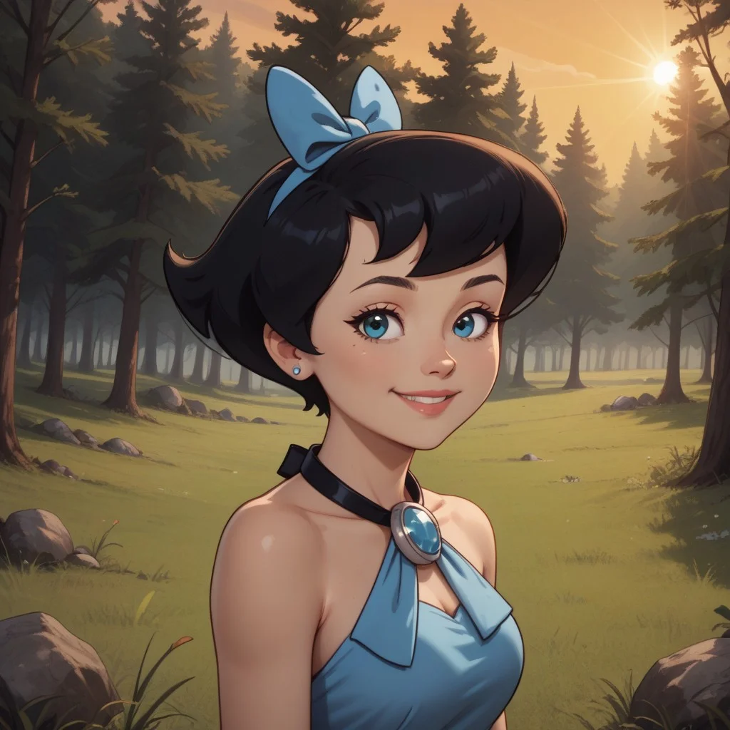 score_9, score_8, BREAK, solo, Betty_Rubble_(The_Flintstones), slim body, slender, fair skin, short hair, black hair in a bob, cyan halter dress connected to a white stone with black straps that tie around the back of her neck like a necklace, cyan bow in her hair, barefoot, self portrait, smile, looking at viewer, outdoors, sunlight, shadows, evening lighting, natural lighting, forest, trees, grass, orange sky, sunset