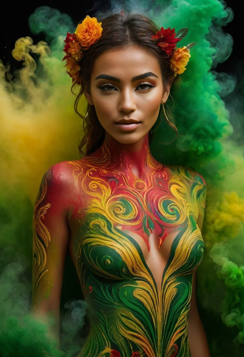 A stunning close-up of a woman entirely painted in vivid green and adorned with floral designs, surrounded by colorful red and yellow smoke. The intricate body paint and swirling smoke create a surreal and powerful image, symbolizing the strength of women and their bond with nature. The background features abstract, vibrant patterns that add to the sense of wonder and connection to the natural world. Photorealistic quality, taken with a Sony Alpha 7R IV, FE 90mm f/2.8 Macro G OSS lens.