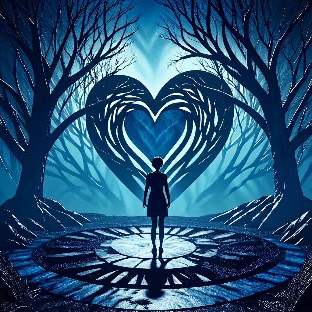 <lora:Geometric_Dreamlike_Movie_r1:1> tree, solo, heart, blue theme, standing, from behind, bare tree, 1boy, nature, short hair, ArsMovieStill, A dreamlike movie still, The image shows a silhouette of a person standing in the middle of a dark and eerie forest. The person is facing away from the camera with their back towards the viewer. The trees on either side of the person are tall and bare with no leaves and their branches reaching up towards the sky. The background is a deep blue with a large heart-shaped tunnel-like structure in the center. The tunnel appears to be made of stone or concrete and the person is standing on a circular pathway that winds through the trees. The overall mood of the image is dark and mysterious.