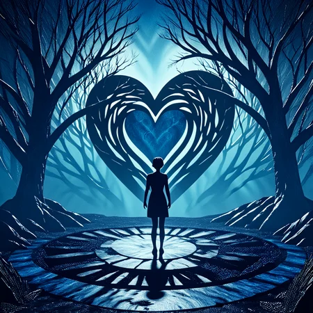 <lora:Geometric_Dreamlike_Movie_r1:1> tree, solo, heart, blue theme, standing, from behind, bare tree, 1boy, nature, short hair, ArsMovieStill, A dreamlike movie still, The image shows a silhouette of a person standing in the middle of a dark and eerie forest. The person is facing away from the camera with their back towards the viewer. The trees on either side of the person are tall and bare with no leaves and their branches reaching up towards the sky. The background is a deep blue with a large heart-shaped tunnel-like structure in the center. The tunnel appears to be made of stone or concrete and the person is standing on a circular pathway that winds through the trees. The overall mood of the image is dark and mysterious.