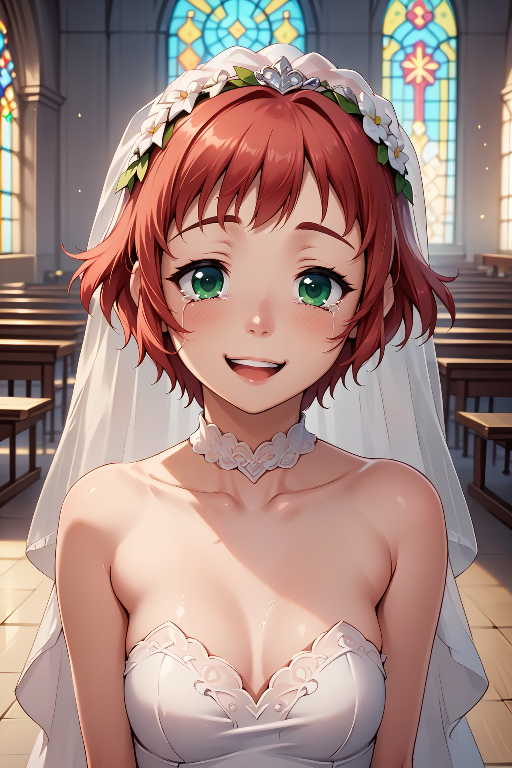 score_9, score_8_up, score_7_up, BREAK 1girl, solo, <lora:NSRinKatawa:1> NSRinKatawa, amputee, red hair, green eyes, short hair, wedding dress, floral veil, church, indoors, tears of joy, happy, bride, looking at the viewer, white choker