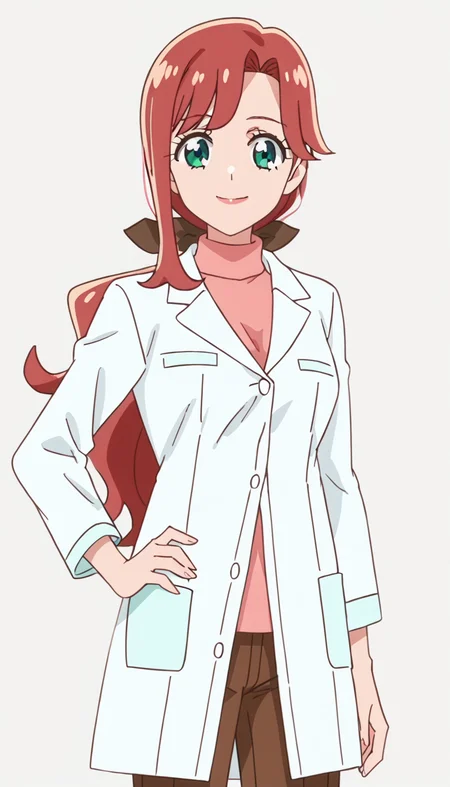 inukaiyouko,long hair,red hair,hair bow,green eyes,low ponytail,solo,anime screencap,score_9,simple background,pants,<lora:Inukai_Youko:0.8>,smile,looking at viewer,medium breasts,mature female,hand on own hip,lab coat,shirt,