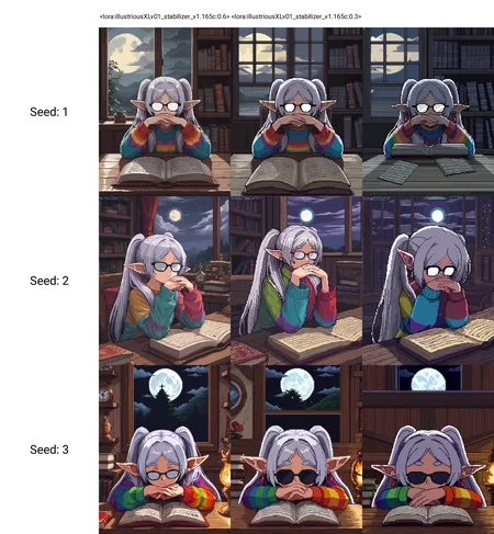 <lora:illustriousXLv01_stabilizer_v1.165c:0.6>1girl,frieren,long hair,gendou pose,upper body,rainbow sweater,opaque glasses,indoors,moon,cloud,night,pixel art,masterpiece,book,