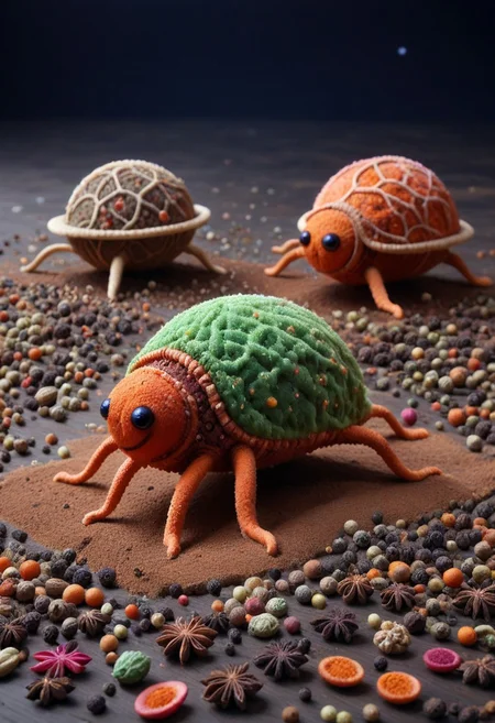 A highly detailed, vibrant strange creature made of herbs floating in space, Herbs_Morf, strange little creatures