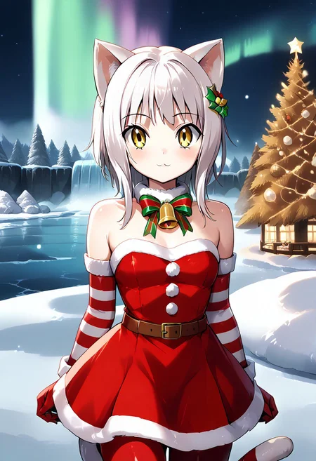 ctiank0nek0, cat ears, cat tail, christmas, dress, bare shoulders, bell, striped, red dress, neck bell, belt,medium shot, centerfold, looking at viewer,  cute Scaislwanglamb, sky, outdoors, aurora, Snow, starry sky, Water, Cloud, Night, Waterfall, background, ,Tr33,scenery,tree,outdoors,christmas tree,snow,christmas