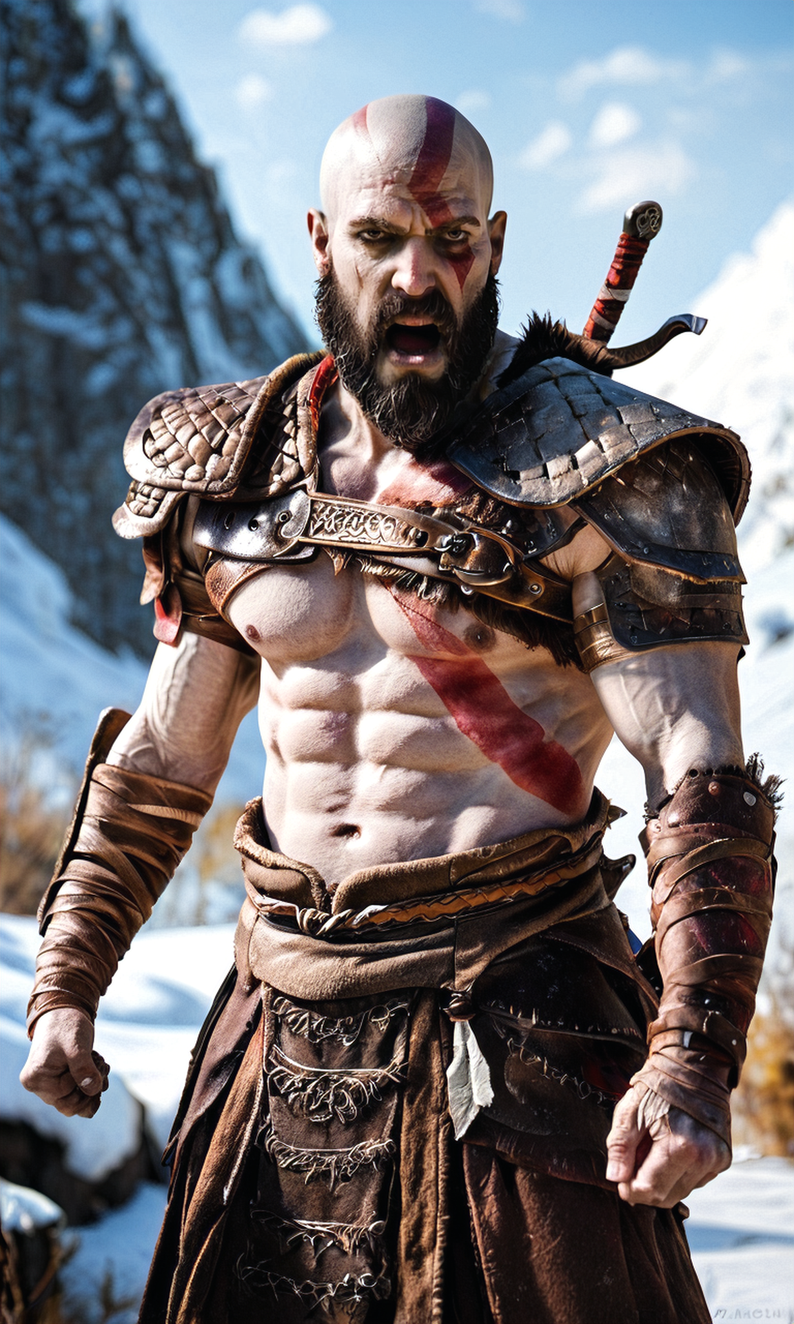 score_9, score_8_up, score_7_up, BREAK, zy_kratos, 1boy, facial hair, beard, bald, scar, manly, muscular, tattoo, abs, shoulder armor, weapon, portrait, realistic, yelling, angry, strong, photo, real hair, detailed skin, mountain, snow, highly detailed, detailed skin, depth of field, film grain, <lora:zy_Kratos_PonyRealism_v1:0.75>