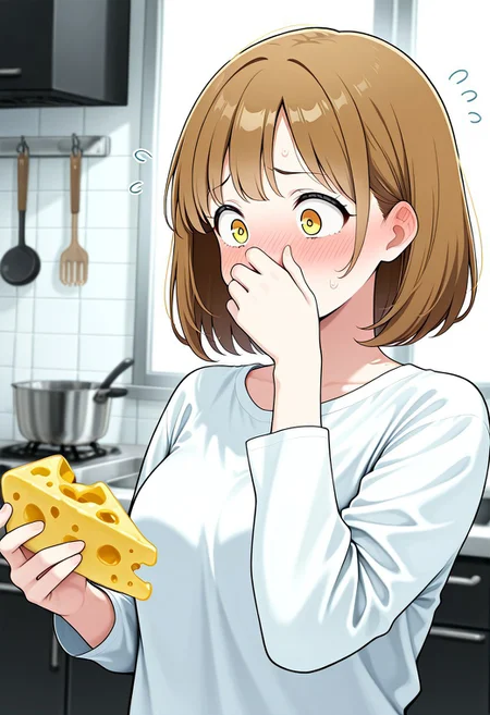masterpiece, best quality, perfect quality, amazing quality, highly detailed, (detailed face:1.2), (detailed eyes:1.2),badodor, holding smelly food, bad rotten food , yellow cheese, bad smell, 1girl, solo, flying sweatdrops, upper body, brown hair, blush, shirt, long sleeves, short hair, covering nose , pinching nose , looking sideways, kitchen, pov shot .