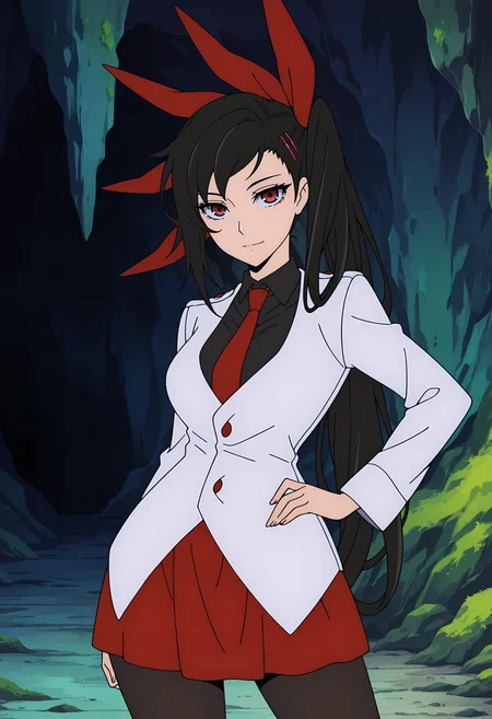 anime screencap, masterpiece, best quality,
<lora:TowerOfGod_YuriZahard_IlluXL:0.9>,
1girl, solo, closed mouth, light smile,
asymmetrical hair, side ponytail, black hair, long hair, red eyes, hairclip, hair ribbon, red ribbon,
white jacket, black shirt, red necktie, red skirt, black pantyhose,
aged up, hand on own hip, contrapposto, looking at viewer, cowboy shot,
indoors, cave, moss