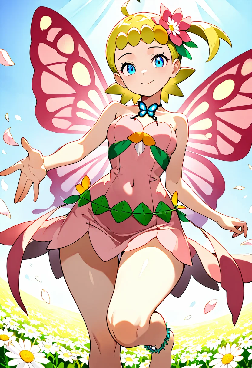 masterpiece, best quality, solo, curvy, beautiful eyes, narrow waist, wide hips, 1girl, solo, smile, looking at viewer, dynamic angle, foreshortening, close up,    zzBonnie, bonnie_(pokemon), blue eyes, ahoge, blonde hair, hair ornament, short hair, side ponytail,  ,<lora:BonniePokemonIXL:1.0>, [Floral Fairy], bright yellow and pink floral dress with petals flowing along the hem, delicate butterfly-shaped wings made from soft flower petals, flower crown woven from daisies, thin vine belt with hanging blossoms, barefoot with flower-shaped anklets, standing in a blooming meadow with wildflowers surrounding her, sunlight casting a golden glow,